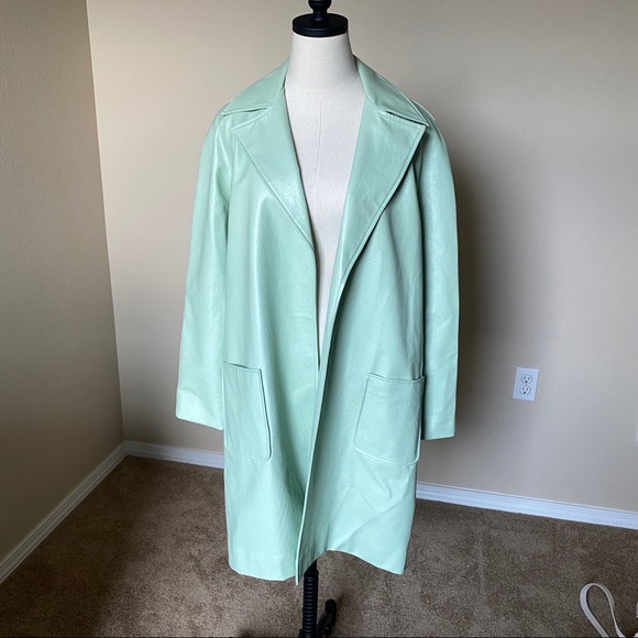 Mint Green Vegan Leather Trench Coat - Picture 3 of 10
